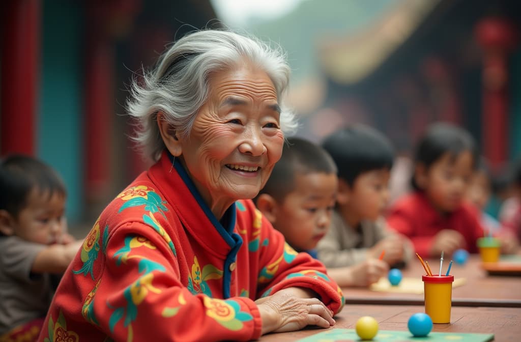  an elderly chinese woman with grey hair and brightly coloured clothes smiles among a group of children, toys and colourful tables nearby. ar 3:2, (natural skin texture), highly detailed face, depth of field, hyperrealism, soft light, muted colors