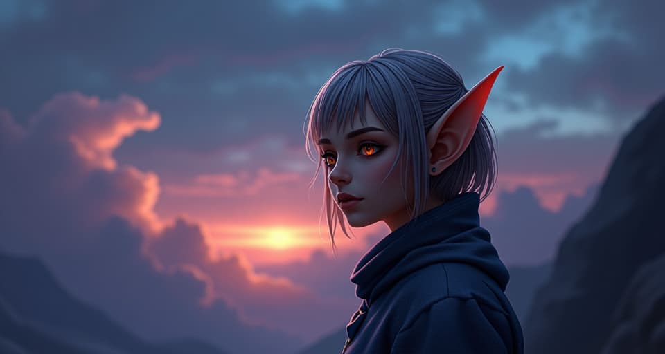  a mystical elf with piercing eyes, standing under a twilight sky. woven thoughts, atmosphere of doubt, ethereal uncertainty.. the style is digital art illustration,highly detailed, whimsical,magical, dreamlike atmosphere, realism and fantasy blend, smooth, glossy textures,luminous quality, wonder and enchantment.