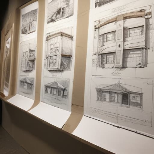 Architectural drawings are on display.