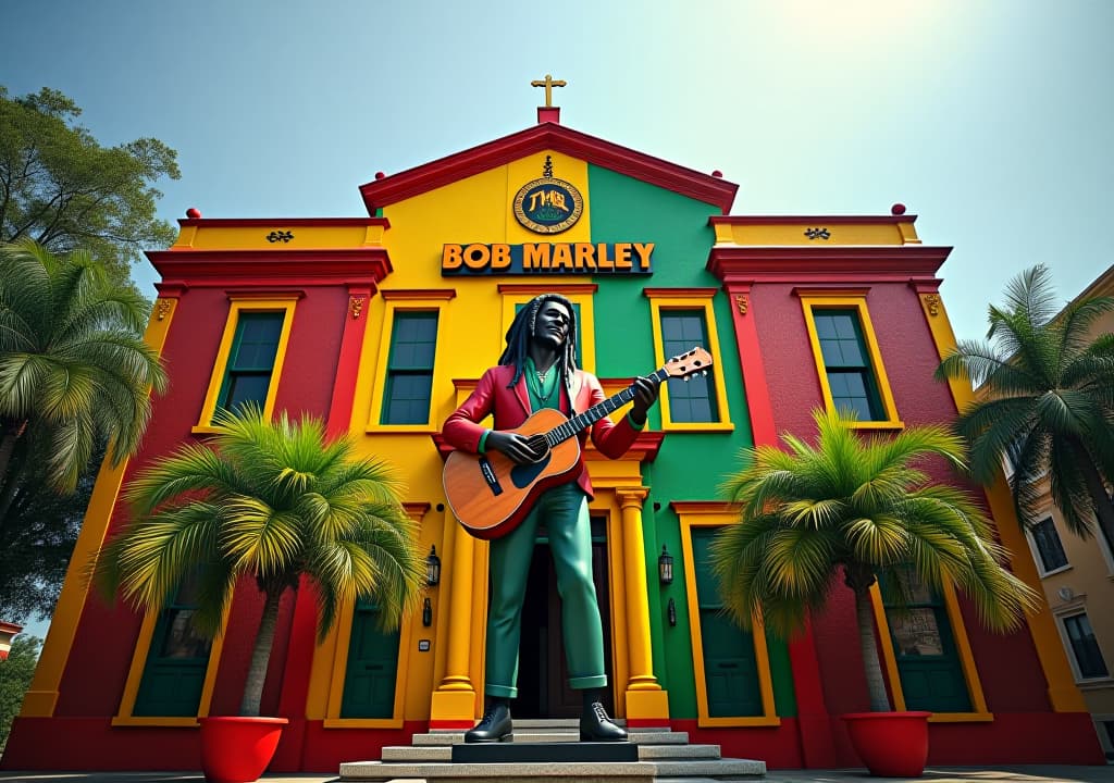  a colorful exterior view of the bob marley museum in kingston, jamaica, with red, yellow, and green rastafarian colors visible on the building. reggae music notes floating in the air, and a statue of bob marley with his guitar in the foreground., in the style of disney hyperrealistic, full body, detailed clothing, highly detailed, cinematic lighting, stunningly beautiful, intricate, sharp focus, f/1. 8, 85mm, (centered image composition), (professionally color graded), ((bright soft diffused light)), volumetric fog, trending on instagram, trending on tumblr, HDR 4K, 8K