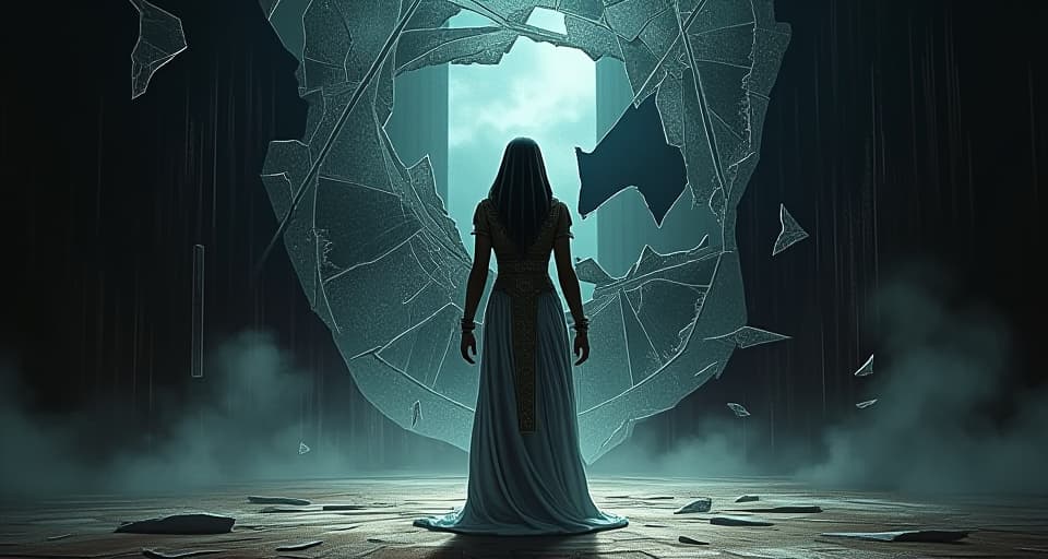  shattered mirror, jagged cracks, scattered fragments reflecting fractured images, dim lighting casting long shadows. the style is digital art illustration / modern comic book / mysterious occult, symbolic, esoteric vibe,high detail on character design, incorporating ancient egyptian symbology and attire.