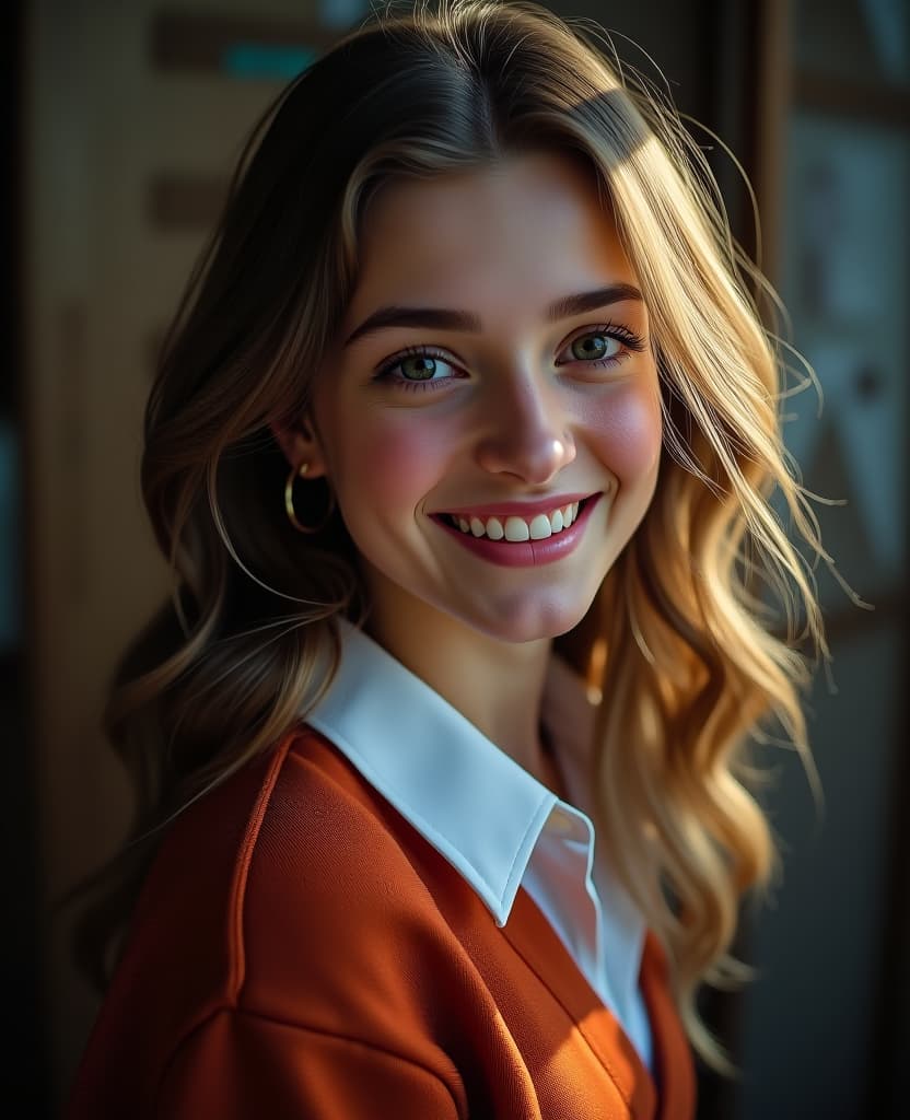  breathtaking girl smile . award winning, professional, highly detailed hyperrealistic, full body, detailed clothing, highly detailed, cinematic lighting, stunningly beautiful, intricate, sharp focus, f/1. 8, 85mm, (centered image composition), (professionally color graded), ((bright soft diffused light)), volumetric fog, trending on instagram, trending on tumblr, HDR 4K, 8K