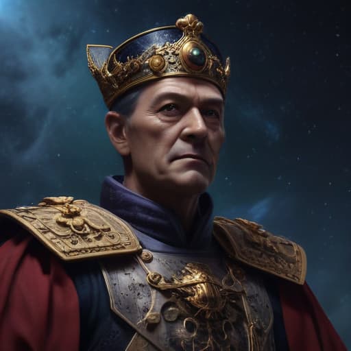 An emperor gives a word to his people in Cinematic style with Space background