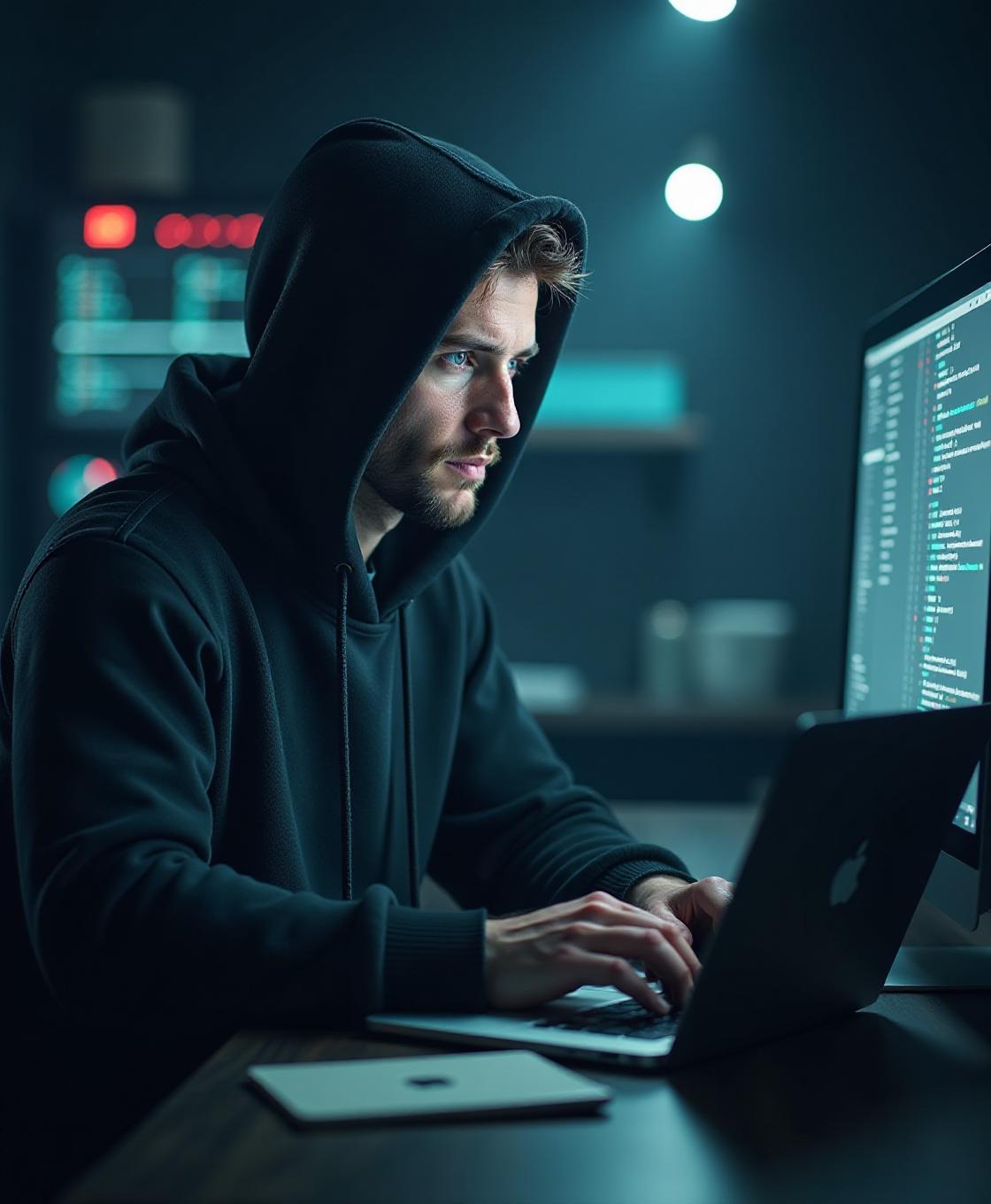  create a realistic depiction of a man staring into a computer. he is wearing a long plain dark hoodie sweater and has blue eyes. the setting is a dark laboratory with minimal light and it’s filled with advanced scientific computer equipment, including an advanced scientific laptop, generating stacks of cash and lots of cash. the atmosphere should be mysterious and intense, highlighting his focused expression as he is typing working on his laptop. [photo realism] [real photo] [fantastic image] [high resolution] [color transfer] [real paints] hyperrealistic, full body, detailed clothing, highly detailed, cinematic lighting, stunningly beautiful, intricate, sharp focus, f/1. 8, 85mm, (centered image composition), (professionally color graded), ((bright soft diffused light)), volumetric fog, trending on instagram, trending on tumblr, HDR 4K, 8K