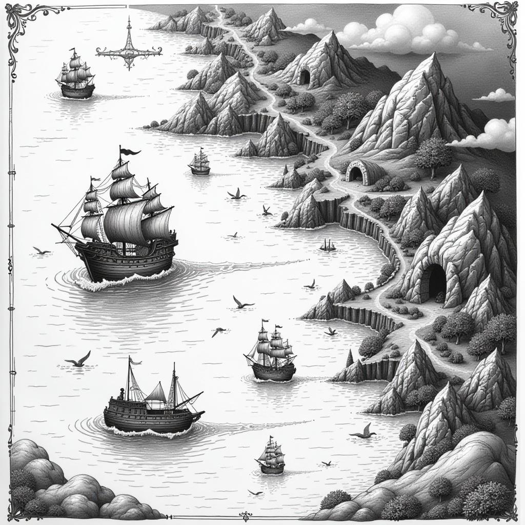  a stunning and fascinating grey white black drawing of a pirate's map., illustration