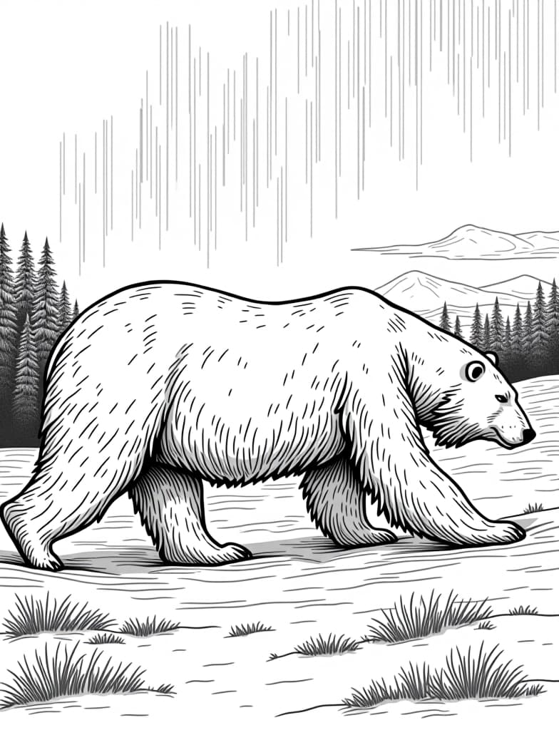  this is for an adult coloring page. a detailed black and white line art of a snowy polar bear walking across a snowy landscape under the northern lights on a solid white background.