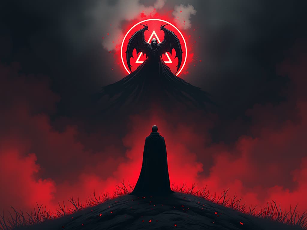  cursed symbol, black and red aura, subject realizing curse source, heavy clouds above, sense of bitter revelation and undeniable truth. the style is digital art illustration / modern comic book / graphic dark novel fantasy and mysterious occult, symbolic, moody lighting, esoteric vibe,high detail on character design. for the color scheme emphasize blacks and reds.