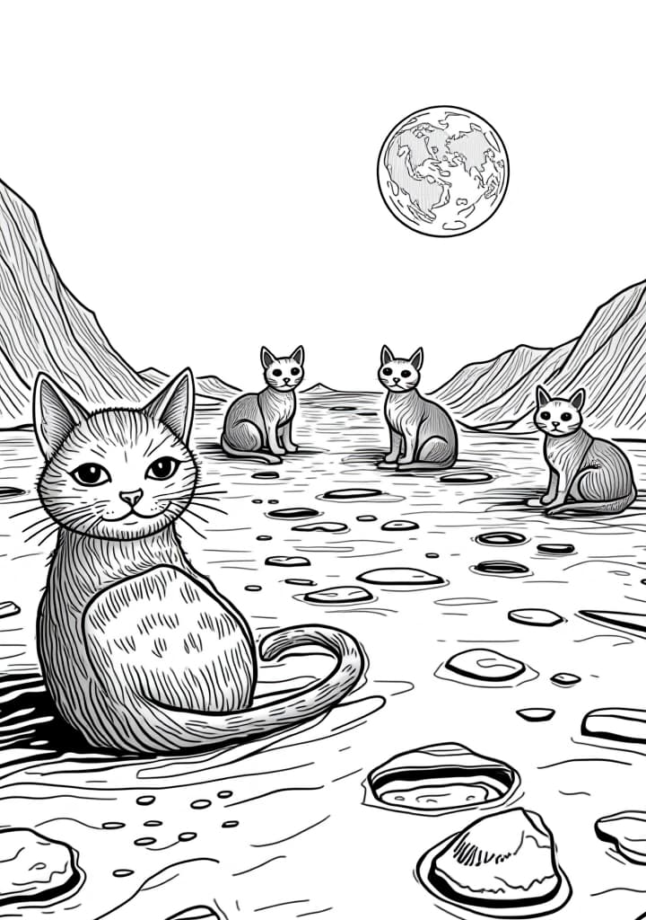  you're a coloring book bot. your job is to make delightful elementary appropriate coloring book pages. a coloring book page is as follows: black and white outlines, low complexity. very simplistic, easy for s to color in. always appropriate, whimsical themes, white background, (no colour)++, (no shading)++, black lines, several cats relax on the surface of the moon, surrounded by craters and the distant view of earth. the image should be a high contrast, black and white line drawing on a blank white background, with no shadows or borders, and should utilise the entire space without leaving any unnecessary white areas. hyperrealistic, full body, detailed clothing, highly detailed, cinematic lighting, stunningly beautiful, intricate, sharp focus, f/1. 8, 85mm, (centered image composition), (professionally color graded), ((bright soft diffused light)), volumetric fog, trending on instagram, trending on tumblr, HDR 4K, 8K