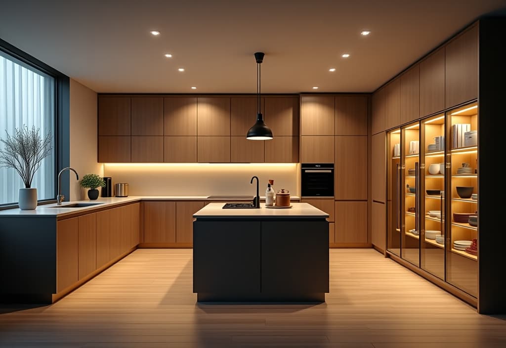  a landscape photo of a panoramic view of a contemporary kitchen featuring a floor to ceiling pantry wall with sleek, handle less cabinets in various sizes, showcasing ultimate storage capacity hyperrealistic, full body, detailed clothing, highly detailed, cinematic lighting, stunningly beautiful, intricate, sharp focus, f/1. 8, 85mm, (centered image composition), (professionally color graded), ((bright soft diffused light)), volumetric fog, trending on instagram, trending on tumblr, HDR 4K, 8K