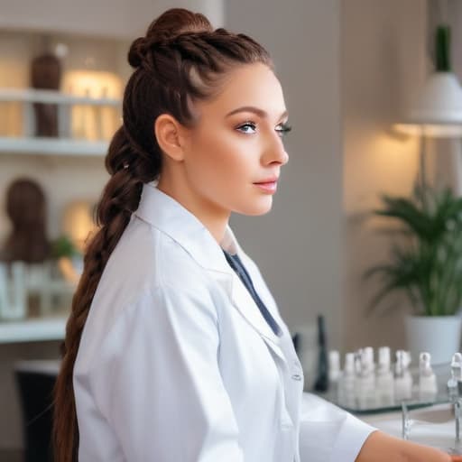 An image of a focused (((woman))) wearing a professional white lab coat looking at the camera in a well-lit (((hair salon))) doing braids and twists on a mannequin head with diverse hair textures, natural lighting, detailed, realistic.