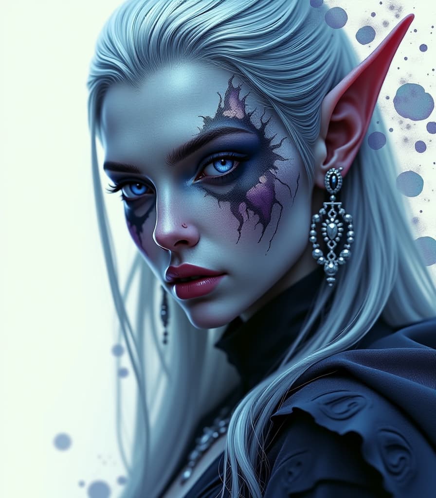  (masterpiece, high resolution, intricate details:1.3), stunning dark elf, (elegant features:1.2), sharp cheekbones, (intricate facial markings:1.4), mysterious expression, long flowing silver hair, (deep violet eyes:1.2), adorned with delicate silver jewelry, (dark fantasy theme:1.2), merging visage with ethereal ink patterns, surreal dreamlike quality, double exposure effect, (charming abstract art elements:1.3), soft organic shapes from spray brush techniques, contrasting with bold ink splatters, rich haunting colors of deep blues and purples, atmospheric depth, captivating aura, visually striking composition, intricate highlights and shadows, enveloping the viewer in a mystical ambiance hyperrealistic, full body, detailed clothing, highly detailed, cinematic lighting, stunningly beautiful, intricate, sharp focus, f/1. 8, 85mm, (centered image composition), (professionally color graded), ((bright soft diffused light)), volumetric fog, trending on instagram, trending on tumblr, HDR 4K, 8K