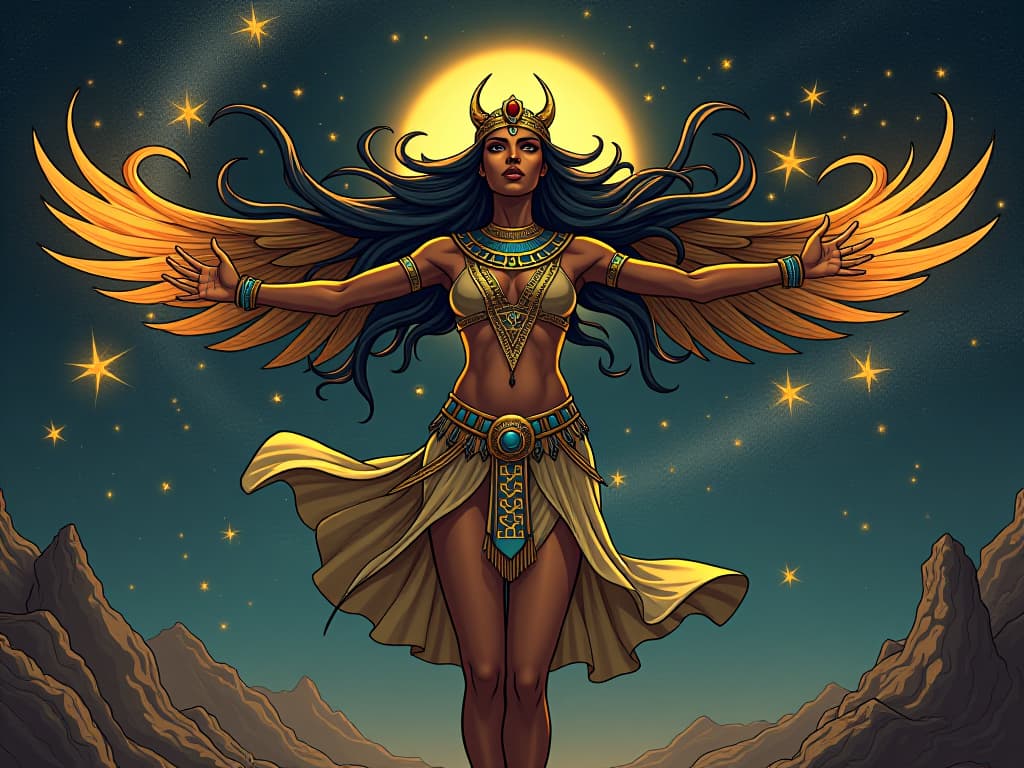  goddess nut, arching across a starry sky, winds swirling around her, stars twinkling, representing the winds of transformation. the style is digital art illustration / modern comic book / mysterious occult, symbolic, esoteric vibe,high detail on character design, incorporating ancient egyptian symbology and attire.