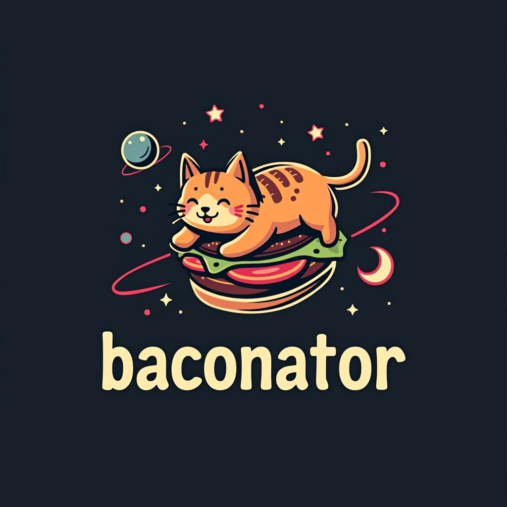  design a logo, a cat on a burger flying through space, with the text 'baconator420'.