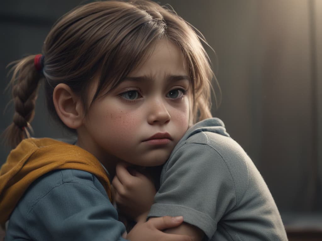 ultra realistic ((ultra realistic ((a child comforting another child who looks sad)))) hyperrealistic, full body, detailed clothing, highly detailed, cinematic lighting, stunningly beautiful, intricate, sharp focus, f/1. 8, 85mm, (centered image composition), (professionally color graded), ((bright soft diffused light)), volumetric fog, trending on instagram, trending on tumblr, HDR 4K, 8K