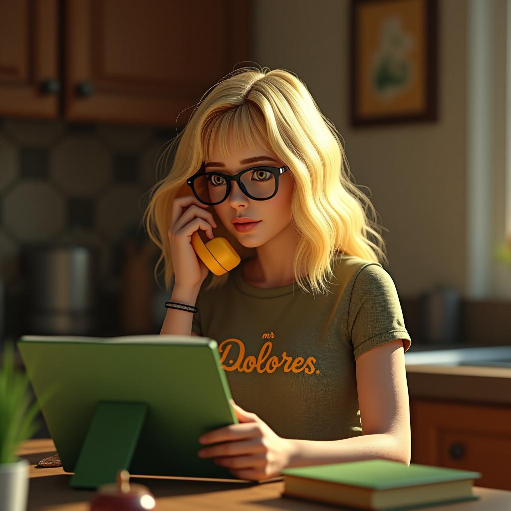  a small lady with yellow hair who wears glasses in the kitchen and to her left, a green book, using her yellow phone, and that on the t shirt says mrs dolores hyperrealistic, full body, detailed clothing, highly detailed, cinematic lighting, stunningly beautiful, intricate, sharp focus, f/1. 8, 85mm, (centered image composition), (professionally color graded), ((bright soft diffused light)), volumetric fog, trending on instagram, trending on tumblr, HDR 4K, 8K