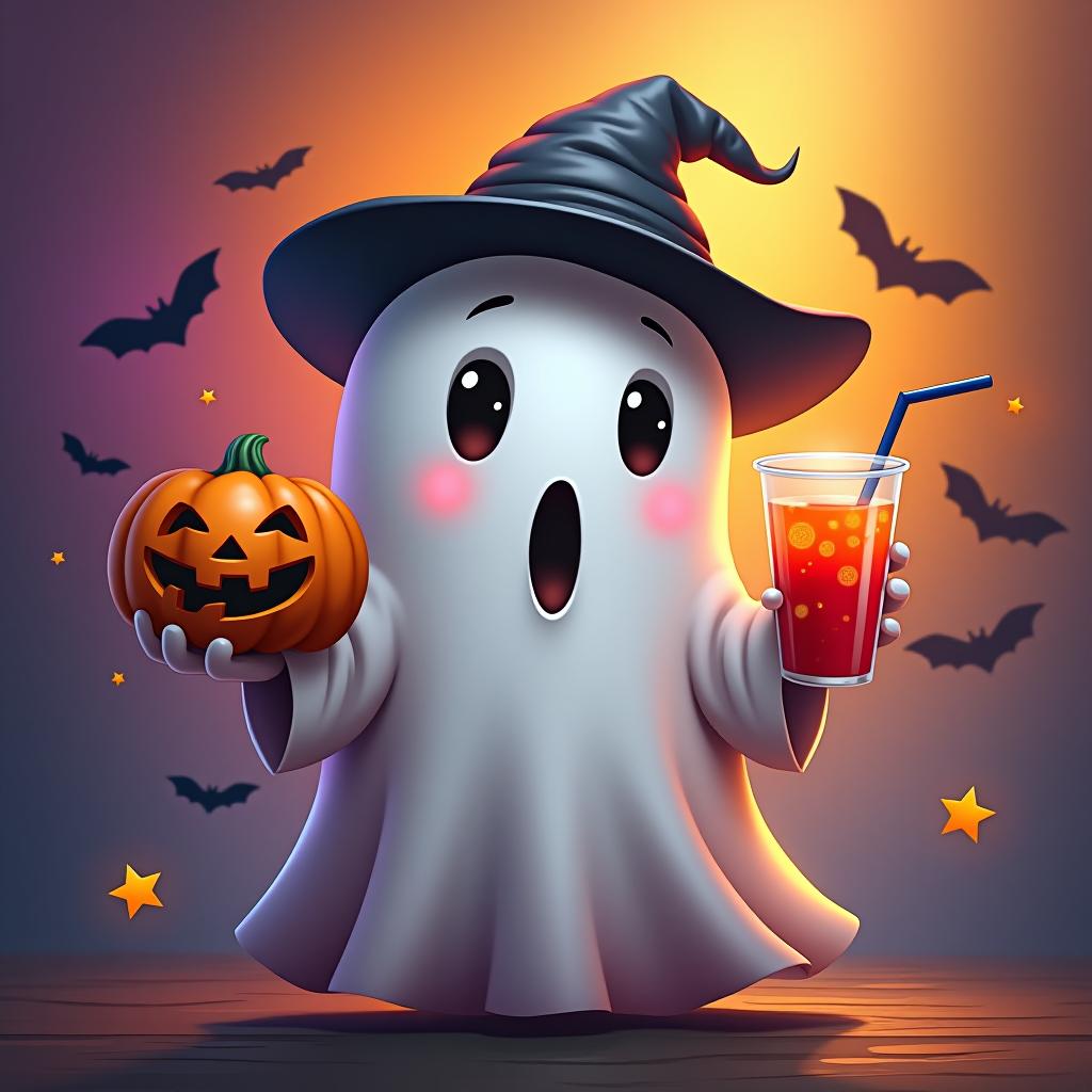  create a digital painting featuring a cute ghost character. the ghost should be wearing a hat. in one hand, the ghost should hold a pumpkin with a carved face, and in the other hand, a halloween themed drink. the background should be colorfull and include small black bats and stars to add a playful halloween touch. the overall style should be cute, whimsical, and colorful hyperrealistic, full body, detailed clothing, highly detailed, cinematic lighting, stunningly beautiful, intricate, sharp focus, f/1. 8, 85mm, (centered image composition), (professionally color graded), ((bright soft diffused light)), volumetric fog, trending on instagram, trending on tumblr, HDR 4K, 8K