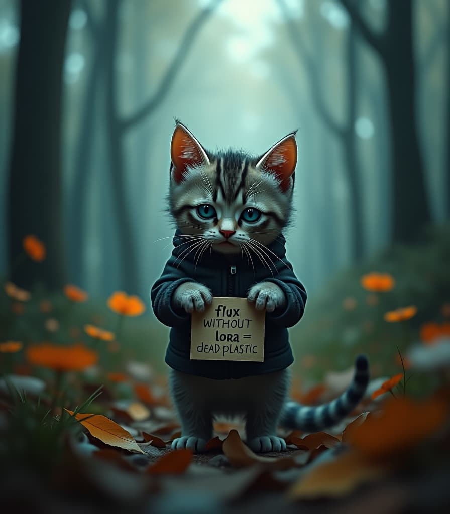  hyperrealistic art a sad ugly kitten standing in a dark magical forest looking down in shame and the kitten is holding a sign in it's paws that says ((("flux without lora = dead plastic":1.1))=) and there is another title written in white letters above the kitten that says "don't look at me"((("flux without lora = dead plastic":1.1))=) . extremely high resolution details, photographic, realism pushed to extreme, fine texture, incredibly lifelike hyperrealistic, full body, detailed clothing, highly detailed, cinematic lighting, stunningly beautiful, intricate, sharp focus, f/1. 8, 85mm, (centered image composition), (professionally color graded), ((bright soft diffused light)), volumetric fog, trending on instagram, trending on tumblr, HDR 4K, 8K