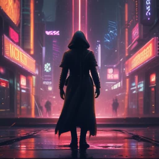 In a futuristic cyberpunk cityscape, a mysterious figure cloaked in shimmering light stands amidst the neon lights and holographic billboards. Their presence creates a mirage of illusions, distorting reality and bending light around them. As they raise their hand, a burst of energy erupts, shattering the incoming spell effect aimed at them. From the shattered fragments, a spectral figure emerges, materializing into a powerful ally ready to aid in the battle. The air crackles with energy as the Illusionary Mirage takes form, ready to turn the tide of the duel. fantastical creatures or characters inspired by mythology, folklore, or popular culture. use vibrant colors, sharp lines, intricate details, dynamic poses, dramatic lighting, atmospher