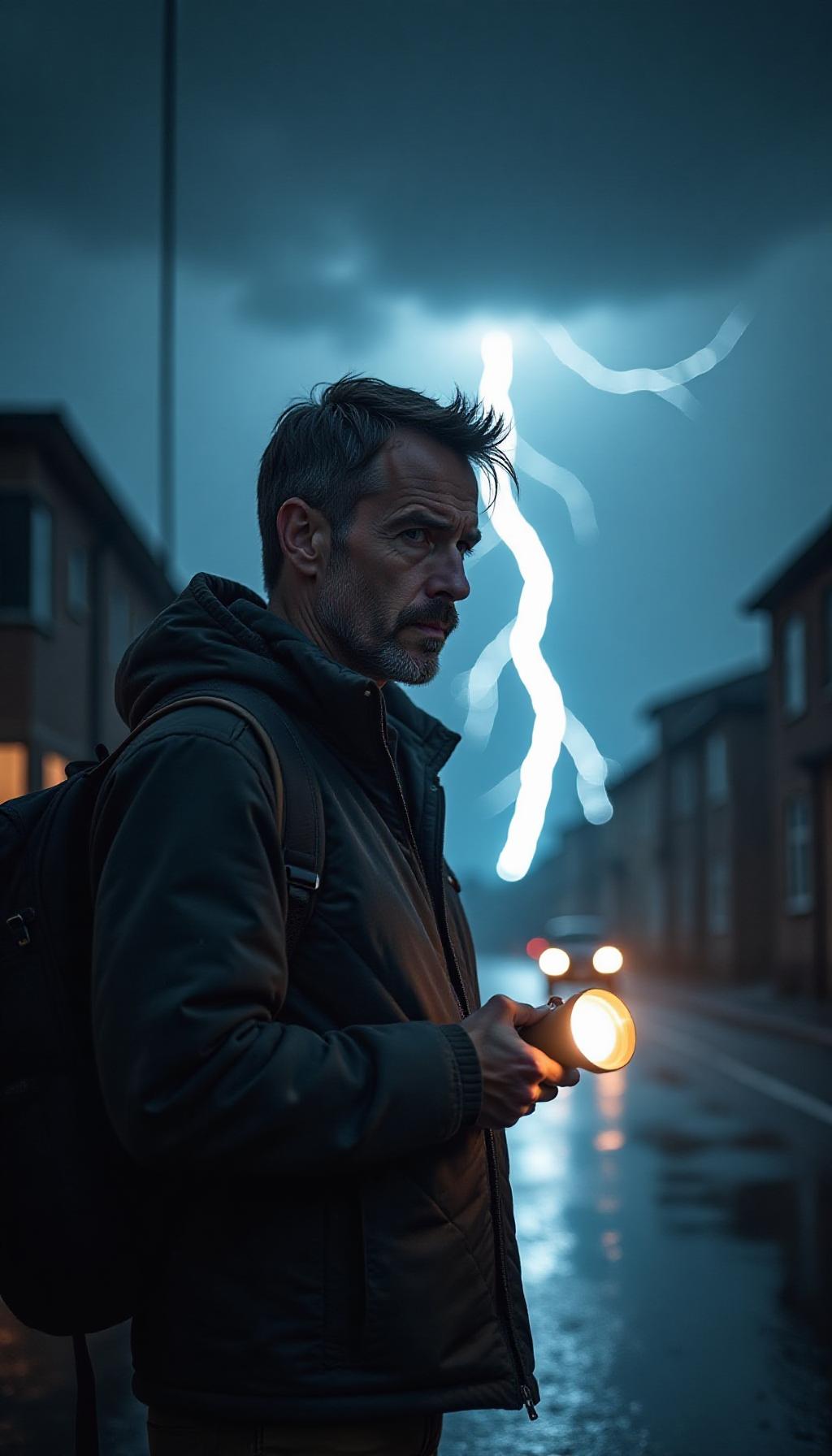  create a high quality, photorealistic image that vividly depicts the following scene: dramatic wide angle portrait of a curious narrator carrying a flashlight, intense gaze, weathered features, dynamic low key lighting, contrasting the terrifying yet graceful storm, lashing rain, ominous dark gray clouds under the starry night, in the backdrop, a bolt of lightning striking down, its glow highlighting the ozone to oxygen conversion process symbolically represented by subtle, ethereal swirls, spontaneous urban setting, canon eos 5d mark iv, sigma 14mm, f/2.8, iso 800, 6/1s, 4k, raw, unretouched, natural balance, set in the heart of chaos, 4k. the image should: focus on the specific actions, emotions, and elements described in  hyperrealistic, full body, detailed clothing, highly detailed, cinematic lighting, stunningly beautiful, intricate, sharp focus, f/1. 8, 85mm, (centered image composition), (professionally color graded), ((bright soft diffused light)), volumetric fog, trending on instagram, trending on tumblr, HDR 4K, 8K