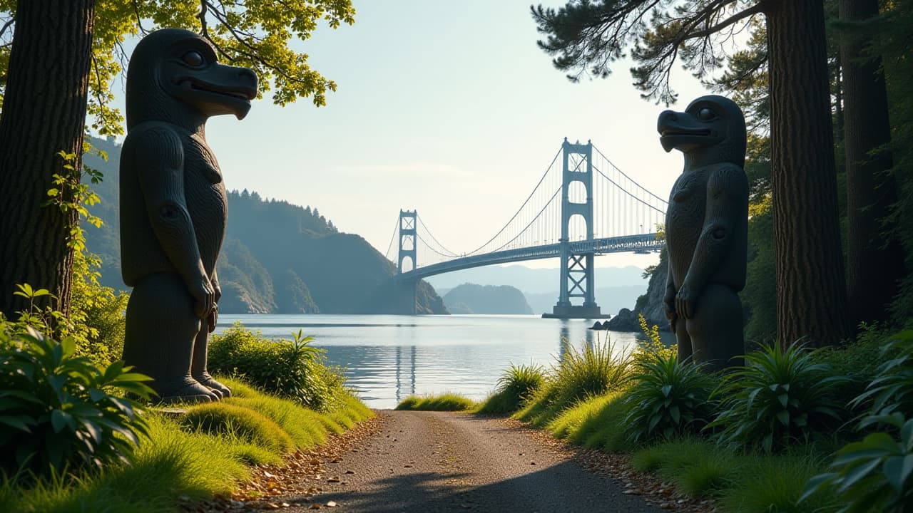  a picturesque view of stanley park showcasing its lush greenery, historical totem poles, and the iconic backdrop of the lions gate bridge, highlighting the harmonious blend of nature and history.</p> hyperrealistic, full body, detailed clothing, highly detailed, cinematic lighting, stunningly beautiful, intricate, sharp focus, f/1. 8, 85mm, (centered image composition), (professionally color graded), ((bright soft diffused light)), volumetric fog, trending on instagram, trending on tumblr, HDR 4K, 8K