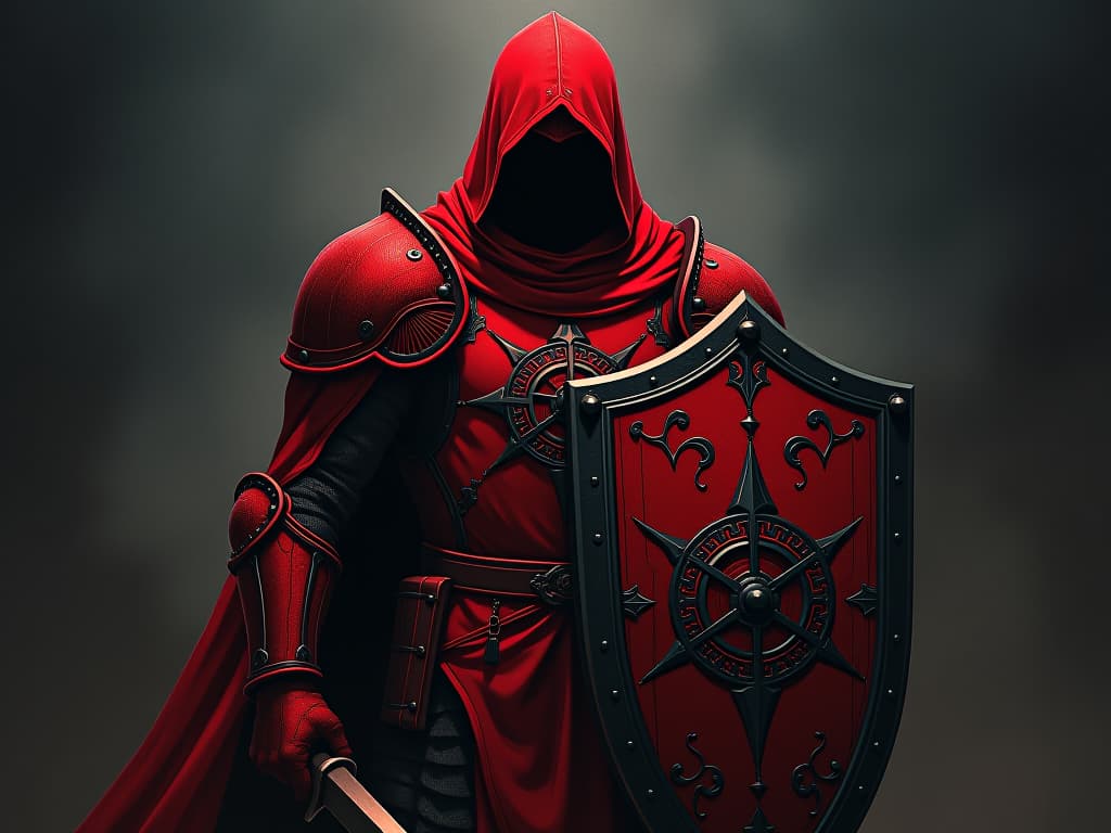  warrior in red armor, holding shield emblazoned with symbols of integrity, protective stance. the style is digital art illustration / modern comic book / graphic dark novel fantasy and mysterious occult, symbolic, moody lighting, esoteric vibe,high detail on character design. for the color scheme emphasize blacks and reds.