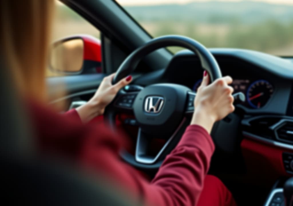  female hands with red painted nails on the steering wheel, woman sitting in a luxurious car interior in black and red colors. lady automobile driver, holding drivers wheel, controlling vehicle,turning