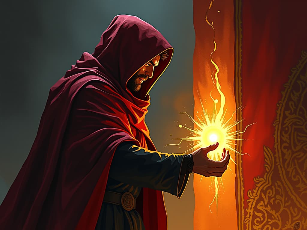  man in red cloak, repairing a golden tapestry, rebuilding reputation, gleaming threads. the style is digital art illustration / modern comic book / graphic dark novel fantasy and mysterious occult, symbolic, moody lighting, esoteric vibe,high detail on character design. for the color scheme emphasize blacks and reds.