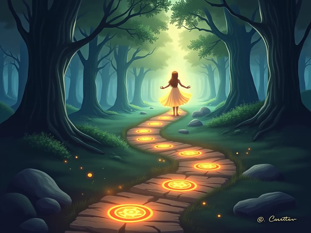  a winding pathway through a magical forest, each step marked by glowing symbols and ethereal light. at the end of the path, a radiant figure symbolizes progress toward true brilliance.. the style is digital art illustration,highly detailed, whimsical,magical, dreamlike atmosphere, realism and fantasy blend, smooth, glossy textures,luminous quality, wonder and enchantment.