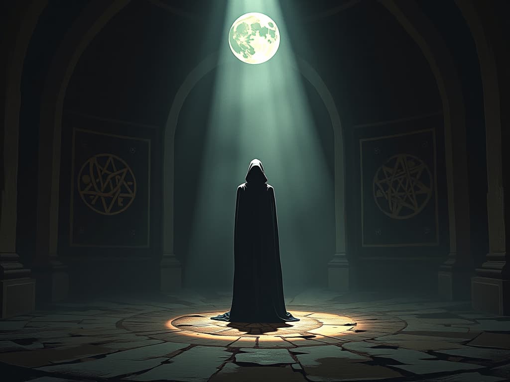  a harsh spotlight illuminates a dark, cloaked figure on a gritty stage, shadows sharply defined, the background reveals a wall with ancient symbols, glowing moonlight filtering through broken windows.. the style is dark fantasy and mysterious occult, symbolic, moody lighting, esoteric vibe,high detail on character design. for the color scheme emphasize blacks and reds.