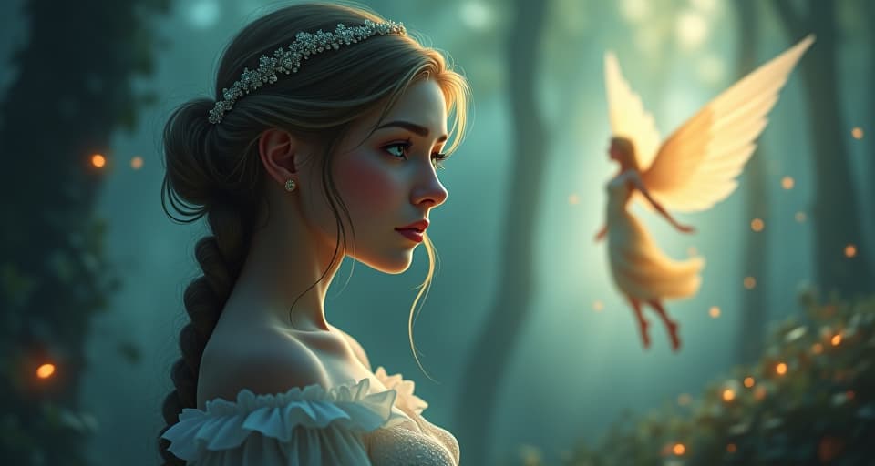  an ethereal female figure with sad, jealous eyes, watching an angelic figure filled with happiness and love. the environment is a softly glowing, enchanted forest, filled with a sense of betrayal and longing.. the style is digital art illustration,highly detailed, whimsical,magical, dreamlike atmosphere, realism and fantasy blend, smooth, glossy textures,luminous quality, wonder and enchantment.