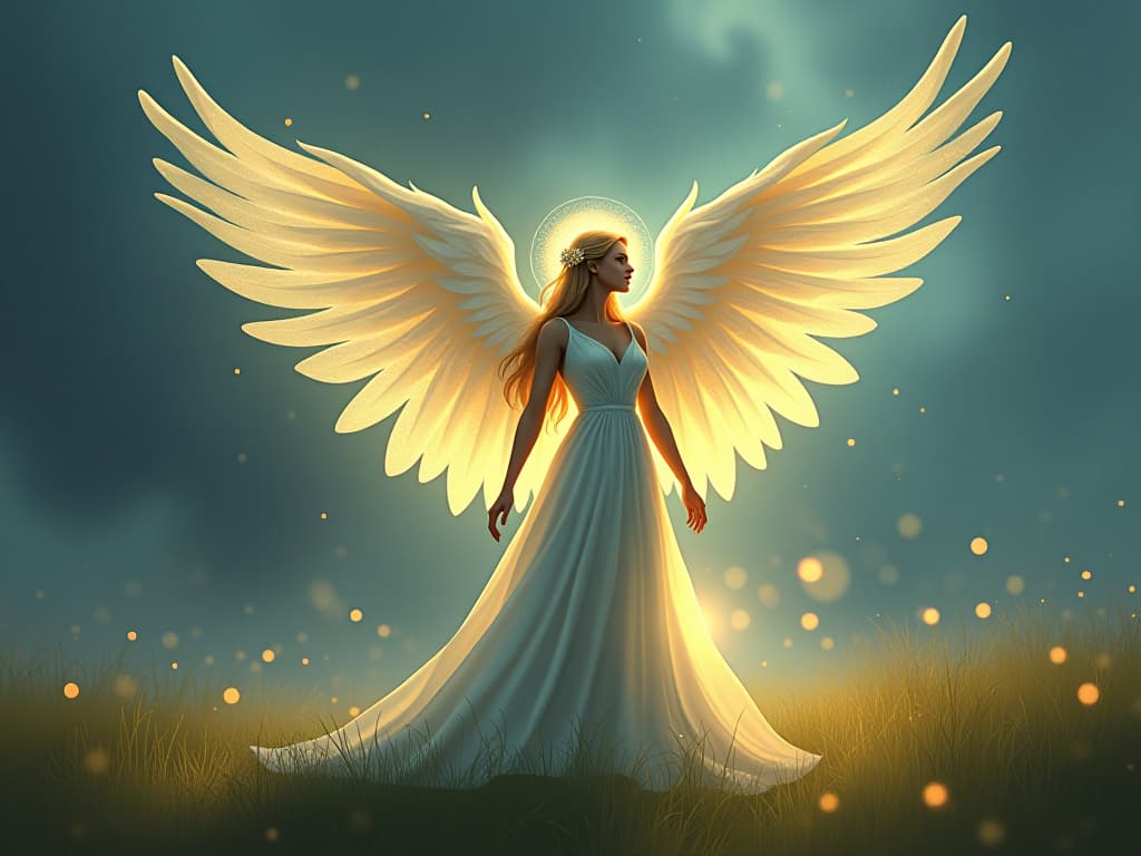  a majestic seraphic being with translucent wings, glowing aura, standing in an ethereal meadow, voice surrounded by luminescent patterns, deep introspection. the style is digital art illustration,highly detailed, whimsical,magical, dreamlike atmosphere, realism and fantasy blend, smooth, glossy textures,luminous quality, wonder and enchantment.