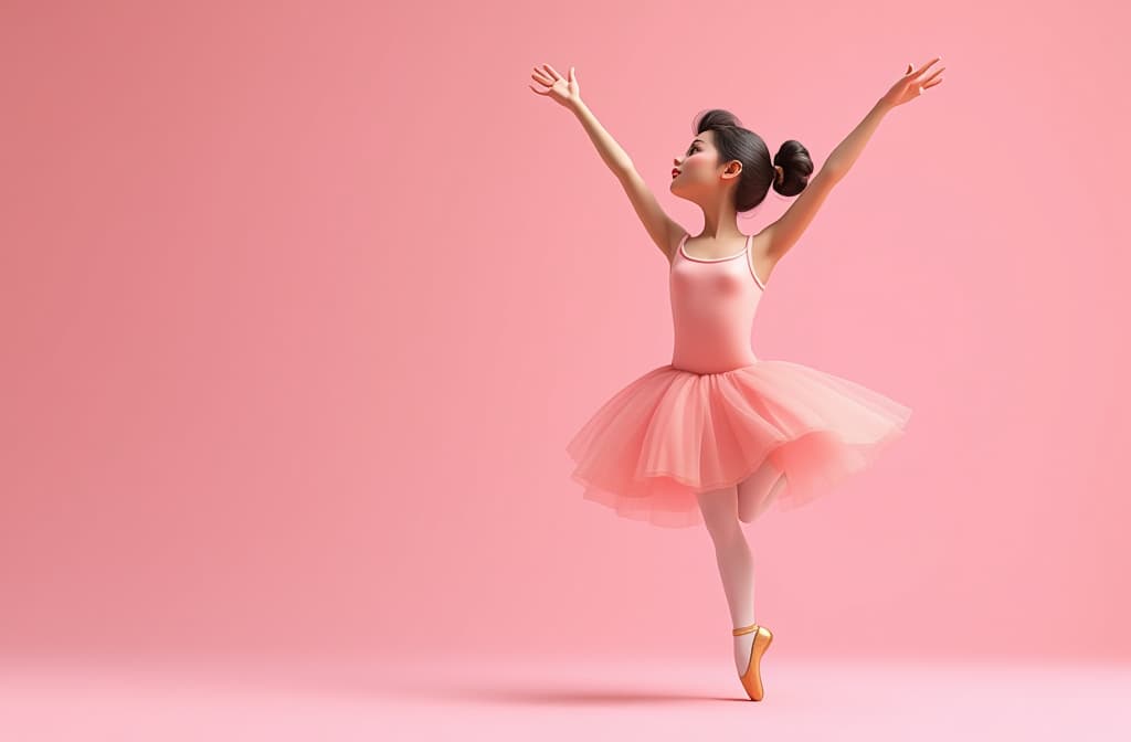  funny 3d illustration of a ballet dancer performing a dramatic pose, on a solid pastel pink background, the character to the right, with copyspace to the left. ar 3:2 {prompt}, maximum details