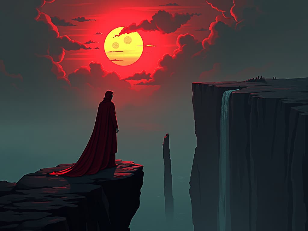  person in red robes, standing at a cliff's edge, looking at rising sun, sense of transformation. the style is digital art illustration / modern comic book / graphic dark novel fantasy and mysterious occult, symbolic, moody lighting, esoteric vibe,high detail on character design. for the color scheme emphasize blacks and reds.