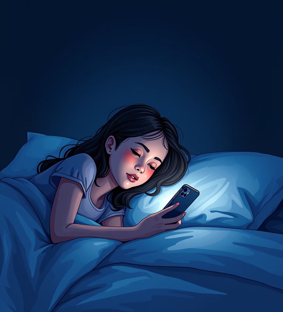  good quality, high quality, lineless vector illustration, watercolor comics, midnight, dark setting, checking phone lying on her bed in complete darkness, phone screen lighting up her face in the absolute darkness, screen flash lighting, 2d vector,