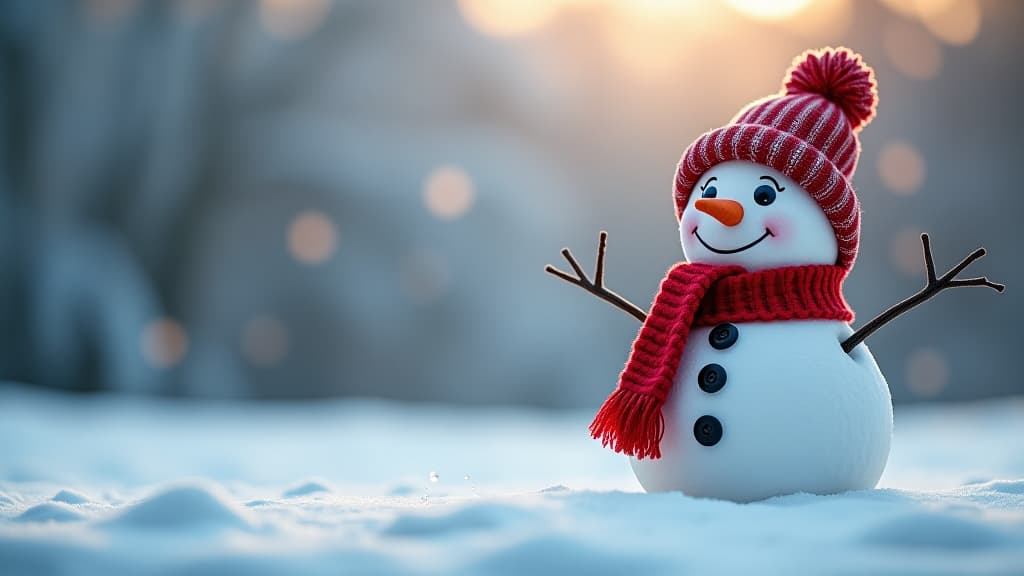  winter holiday christmas background banner with cute funny laughing snowman with wool hat and scarf, on snowy snow snowscape and bokeh light