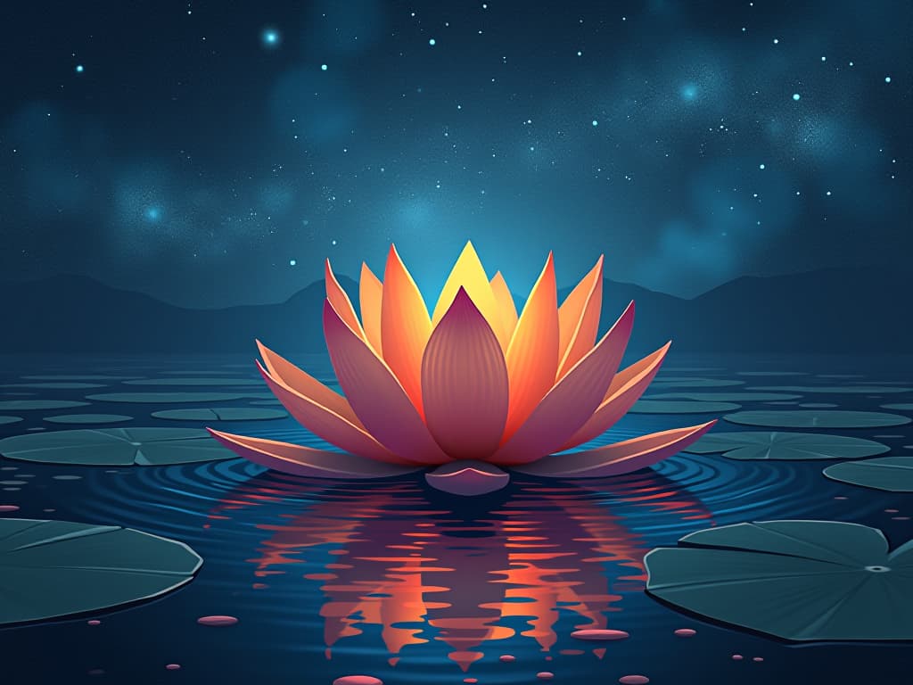  serene lotus flower in full bloom, floating on a tranquil pond, reflecting a sky full of stars. the style is digital art illustration / modern comic book / mysterious occult, symbolic, esoteric vibe,high detail on character design, incorporating ancient egyptian symbology and attire.