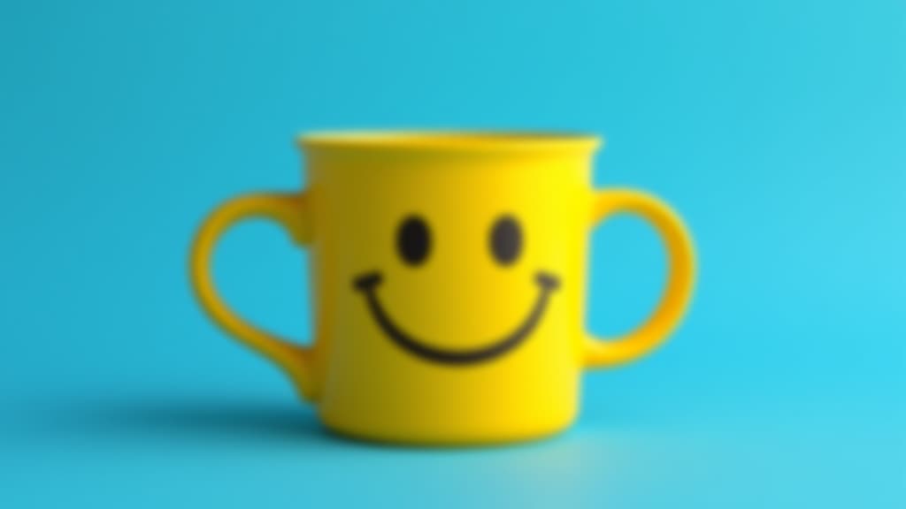  a cheerful smiley face mug on a vibrant blue