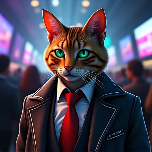  in a bustling crypto conference hall, hemule, the anthropomorphic tabby cat, commands attention. with green eyes piercing through the crowd, hemule's immaculate style and edgy charisma shine. rendered in ultra realistic detail, this scene captures hemule's rebellious aura with comic book flair, amidst a backdrop of vibrant hues and financial market buzz. hyperrealistic, full body, detailed clothing, highly detailed, cinematic lighting, stunningly beautiful, intricate, sharp focus, f/1. 8, 85mm, (centered image composition), (professionally color graded), ((bright soft diffused light)), volumetric fog, trending on instagram, trending on tumblr, HDR 4K, 8K