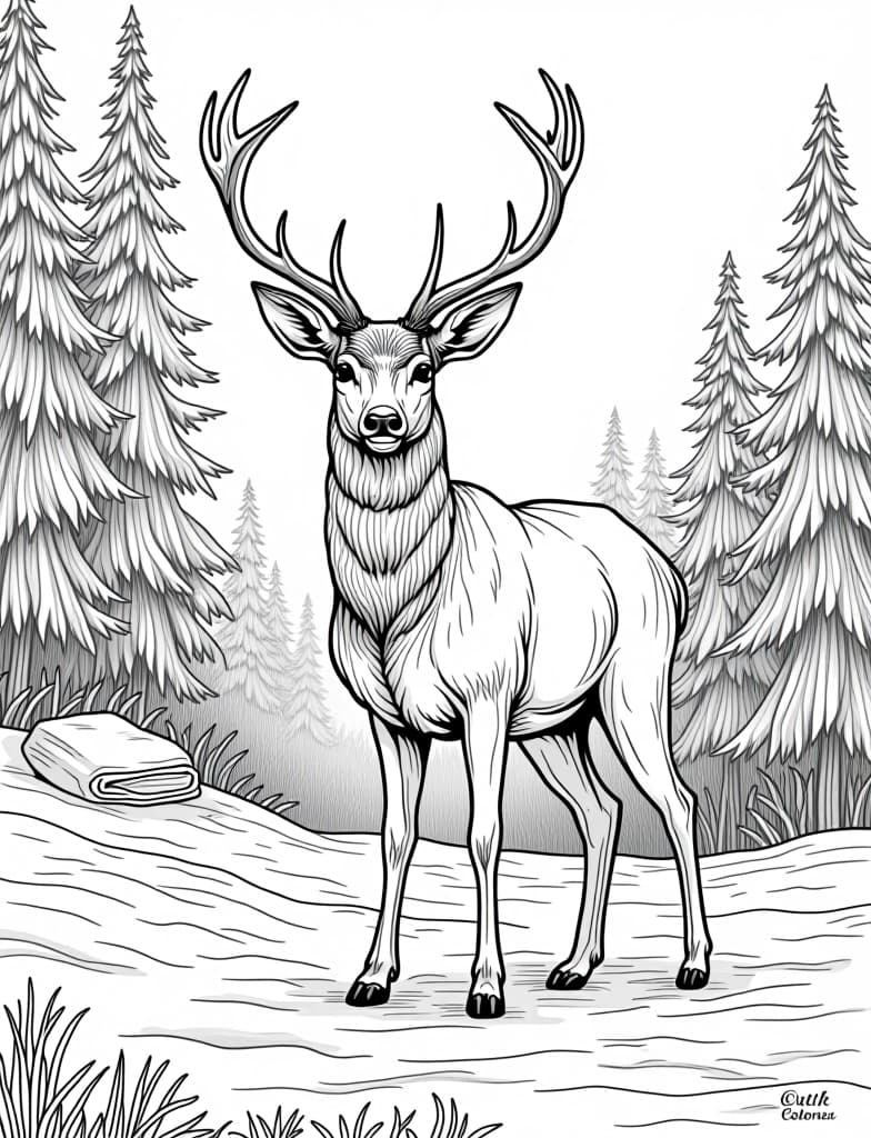  this is for an adult coloring page. a detailed black and white line art of a snowy deer standing in the snow near a forest edge on a solid white background.