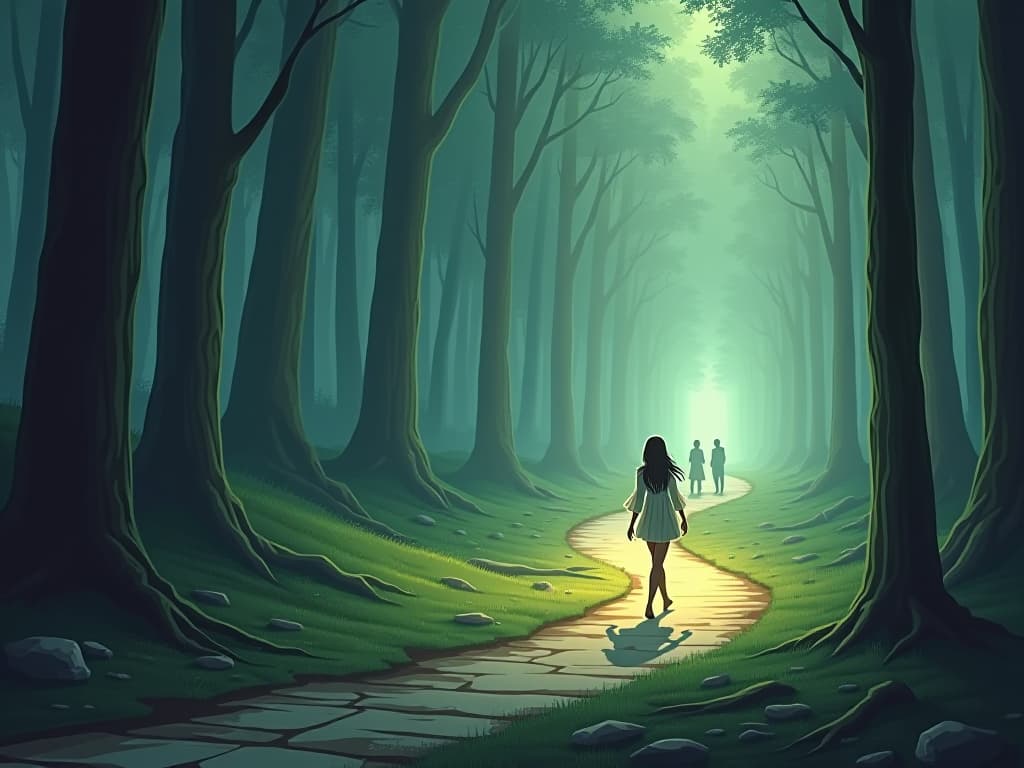  an ethereal figure walking with firm resolve on a glowing path, while shadowy figures in the distance observe with skepticism. the magical forest surrounding them reflects silent opposition.. the style is digital art illustration,highly detailed, whimsical,magical, dreamlike atmosphere, realism and fantasy blend, smooth, glossy textures,luminous quality, wonder and enchantment.