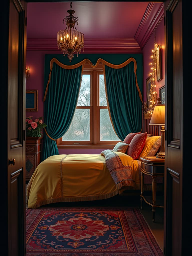  high quality portrait photo of a cozy bohemian bedroom with rich jewel tones, featuring deep purple walls, emerald green velvet curtains, and a golden yellow bedspread, illuminated by warm string lights, viewed from the doorway hyperrealistic, full body, detailed clothing, highly detailed, cinematic lighting, stunningly beautiful, intricate, sharp focus, f/1. 8, 85mm, (centered image composition), (professionally color graded), ((bright soft diffused light)), volumetric fog, trending on instagram, trending on tumblr, HDR 4K, 8K