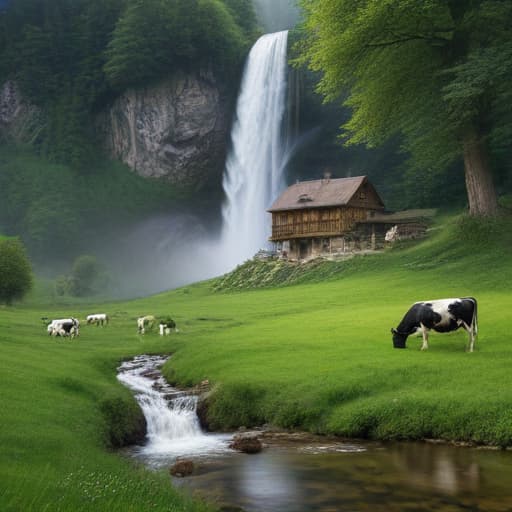 my dream house is a mountain waterfall, green meadows, forest, cows grazing