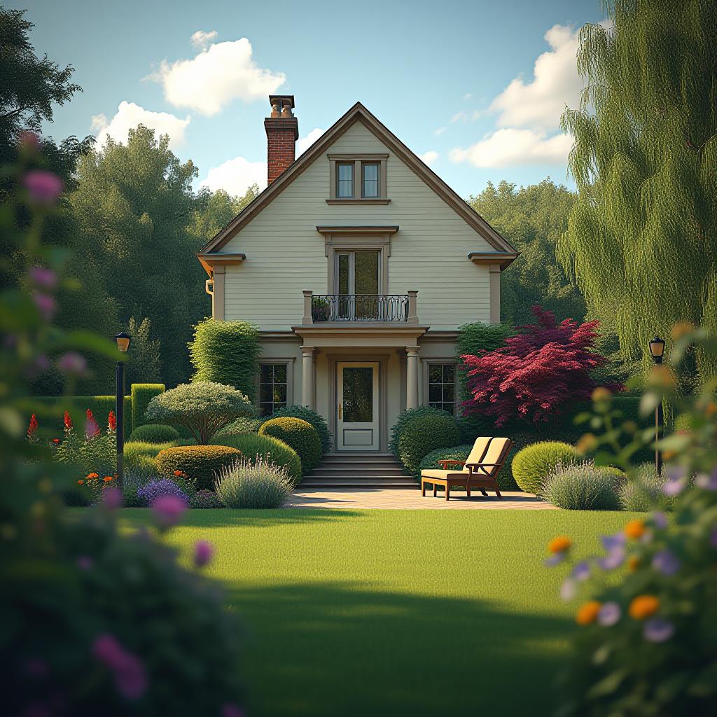  a house with a garden and a relaxation area on a bright summer day. hyperrealistic, full body, detailed clothing, highly detailed, cinematic lighting, stunningly beautiful, intricate, sharp focus, f/1. 8, 85mm, (centered image composition), (professionally color graded), ((bright soft diffused light)), volumetric fog, trending on instagram, trending on tumblr, HDR 4K, 8K