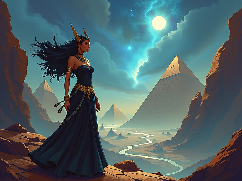  a vivid fantasy landscape, large busted woman in mystical dress navigating dream realms, sense of adventure and discovery. the style is digital art illustration / modern comic book / mysterious occult, symbolic, esoteric vibe,high detail on character design, incorporating ancient egyptian symbology and attire.