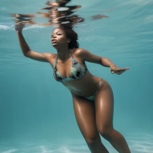 African woman in swimsuit drowning underwater. In full growth