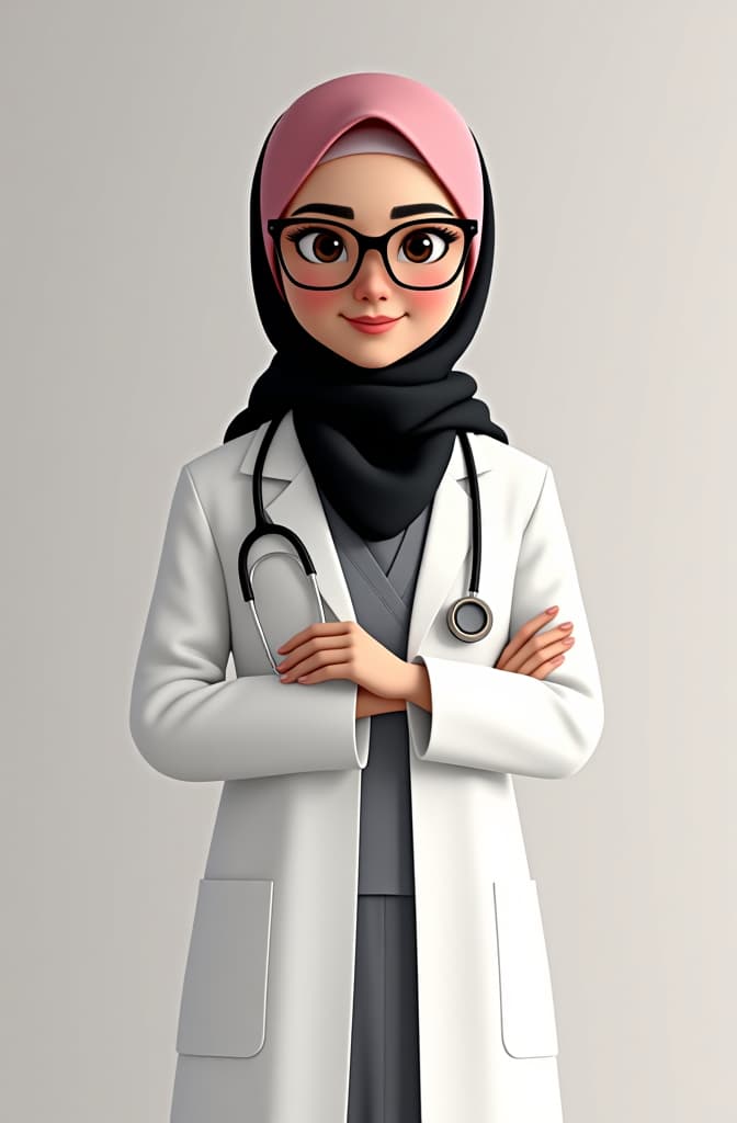  create a cute disney pixar style poster feature the teacher who manages the health unit at wears white clothes, a long black , a pink hijab and cat eye gles, a plain background, has an ideal body, not thin and not fat. hyperrealistic, full body, detailed clothing, highly detailed, cinematic lighting, stunningly beautiful, intricate, sharp focus, f/1. 8, 85mm, (centered image composition), (professionally color graded), ((bright soft diffused light)), volumetric fog, trending on instagram, trending on tumblr, HDR 4K, 8K