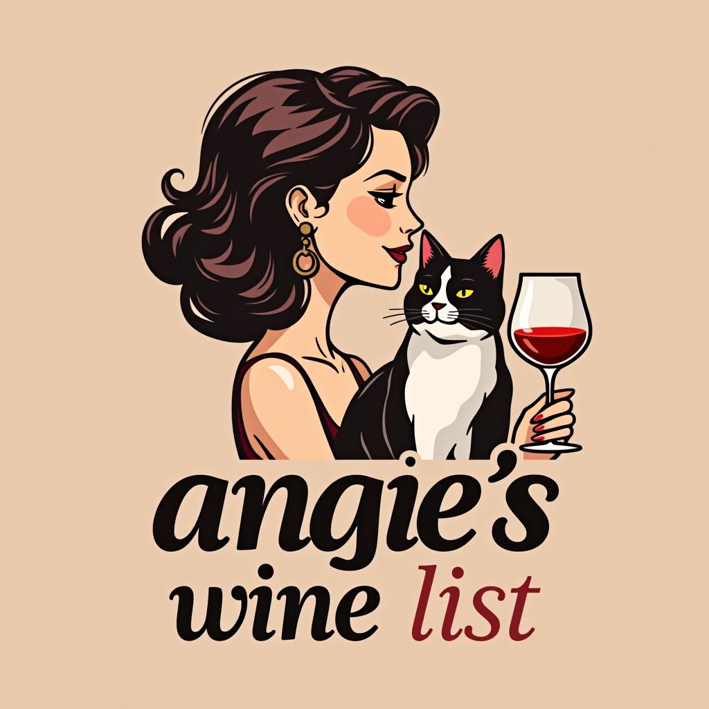  design a logo, woman with black and white cat and a wine glass , with the text 'angie’s wine list'.