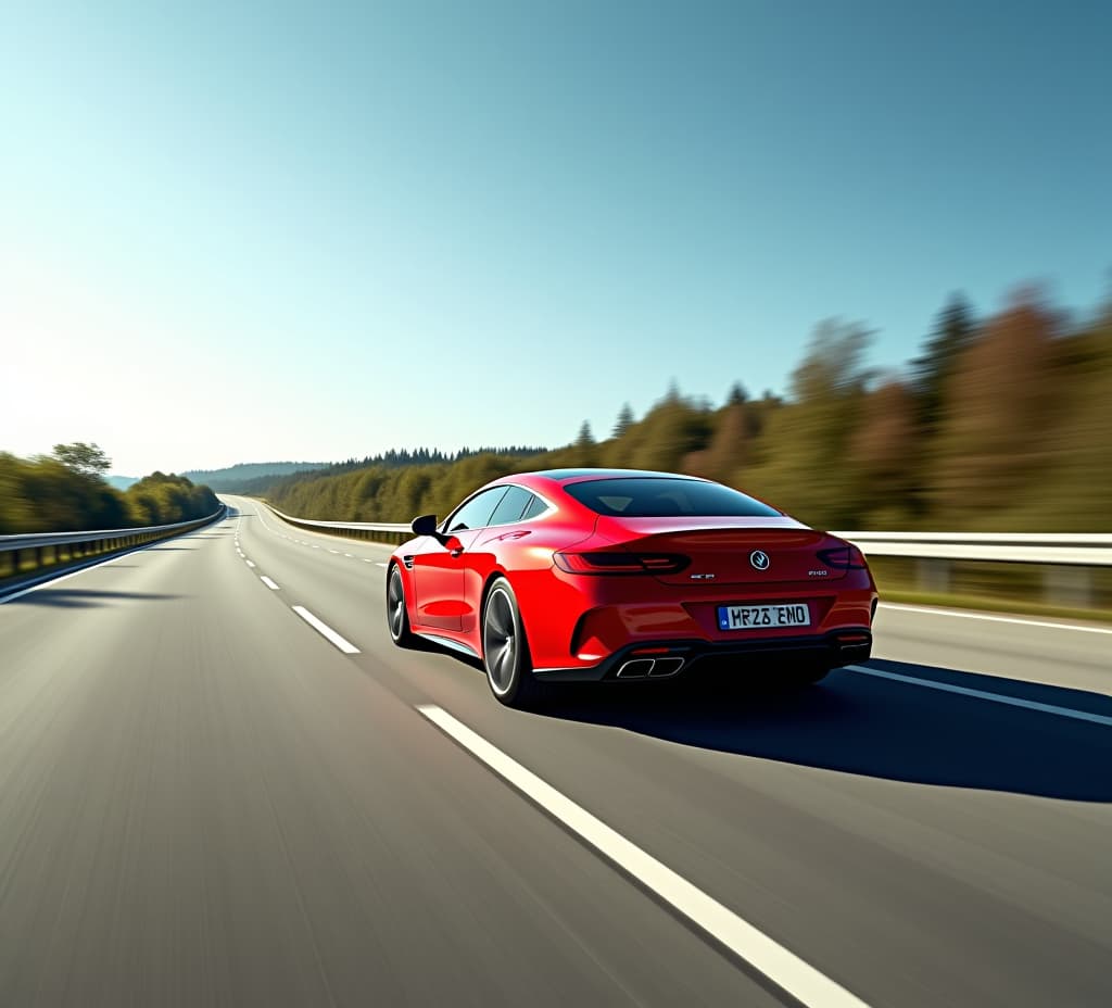  red business car on high speed in turn. super car rushing along a high speed highway with motion speed in sunny day.