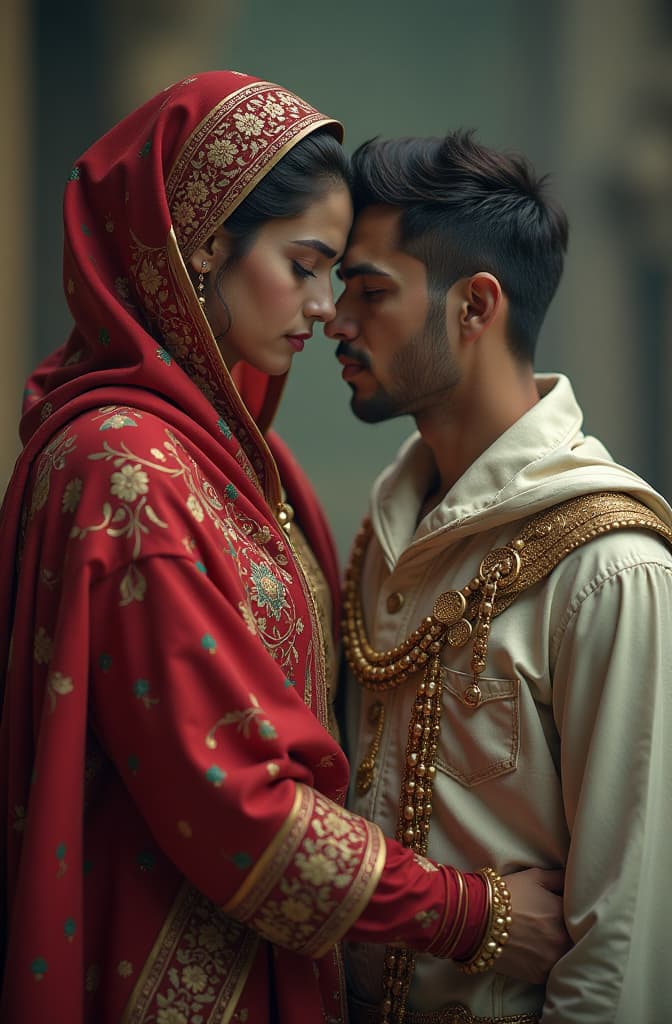  mrs. aisha and safwan ibn mutal hyperrealistic, full body, detailed clothing, highly detailed, cinematic lighting, stunningly beautiful, intricate, sharp focus, f/1. 8, 85mm, (centered image composition), (professionally color graded), ((bright soft diffused light)), volumetric fog, trending on instagram, trending on tumblr, HDR 4K, 8K