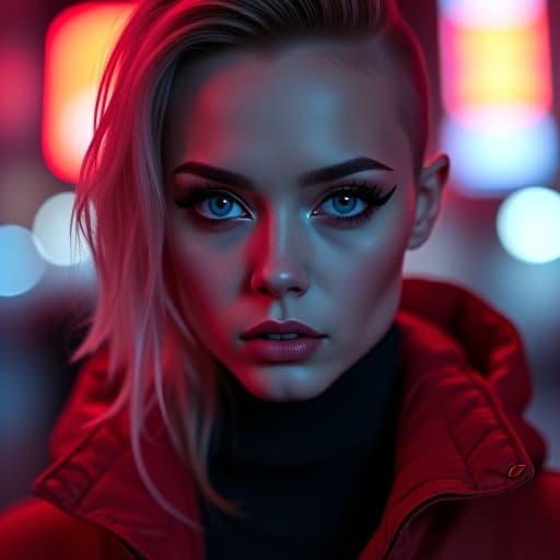  ultra realistic close up portrait ((beautiful pale cyberpunk female with heavy black eyeliner)), blue eyes, shaved side haircut, hyper detail, cinematic lighting, magic neon, dark red city, canon eos r3, nikon, f/1.4, iso 200, 1/160s, 8k, raw, unedited, symmetrical balance, in frame, 8k hyperrealistic, full body, detailed clothing, highly detailed, cinematic lighting, stunningly beautiful, intricate, sharp focus, f/1. 8, 85mm, (centered image composition), (professionally color graded), ((bright soft diffused light)), volumetric fog, trending on instagram, trending on tumblr, HDR 4K, 8K